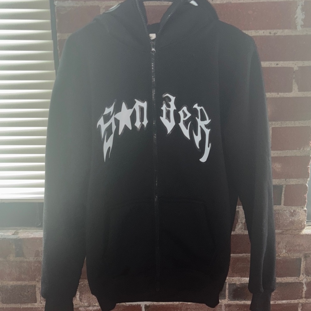 Black Zip-Up Hoodie with White Graphic